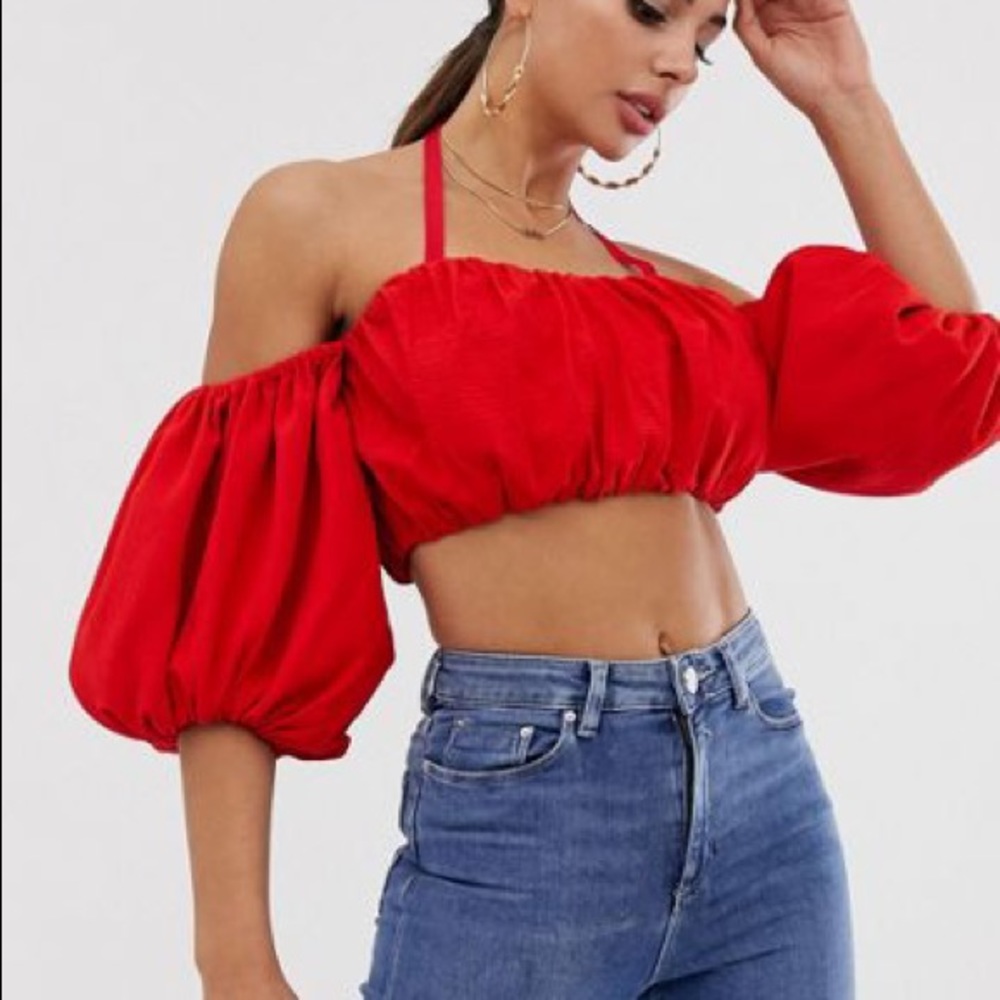 Asos Red Balloon sleeve crop top 32 bust